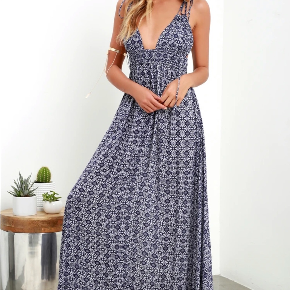 Lulus Field Day Navy Blue Print Tie-Strap Maxi Dress
